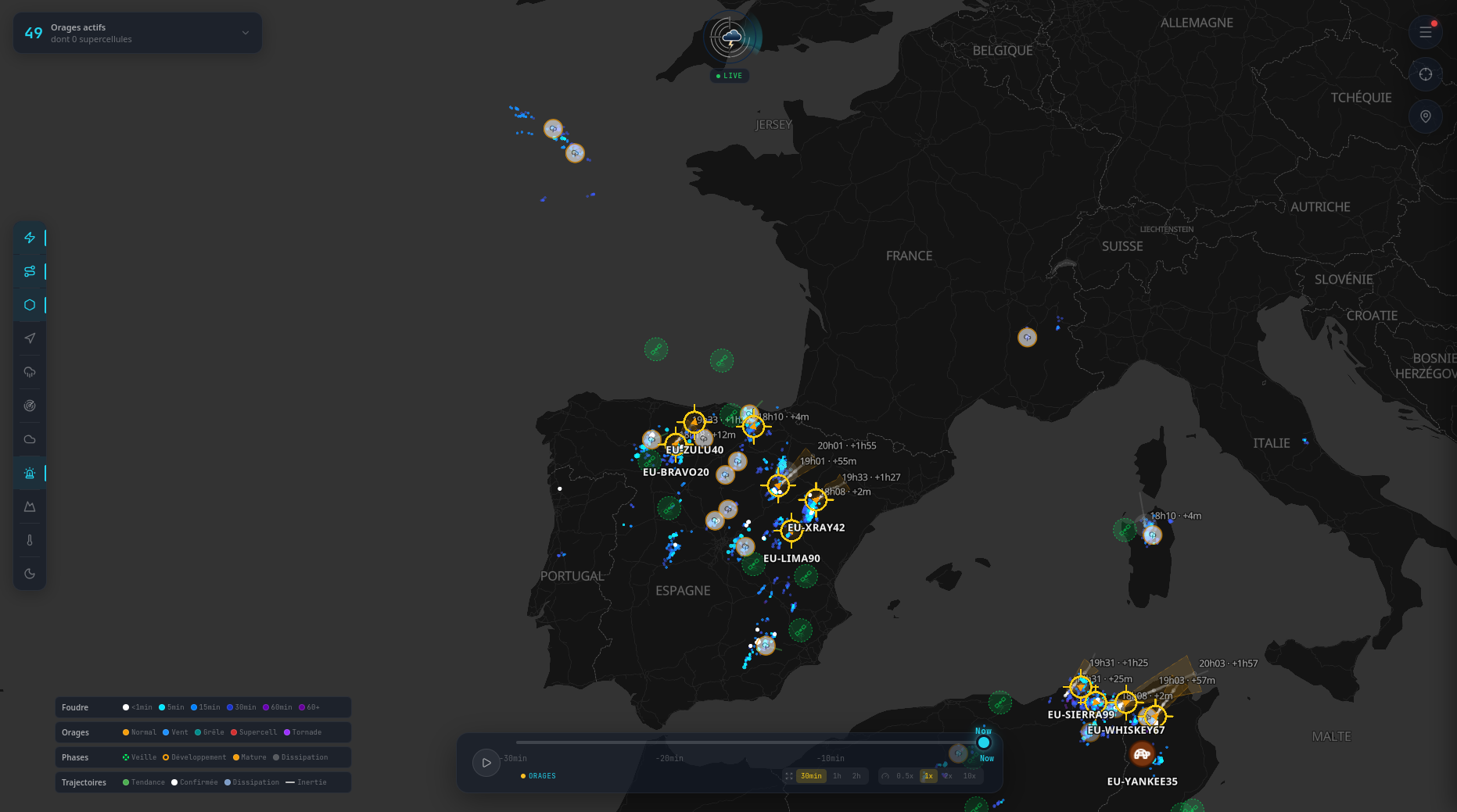Storm Predict, carte temps réel avec orages actifs et zones de surveillance