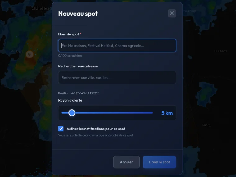Boîte de dialogue Storm Predict : création d'un spot surveillé, avec son nom, son adresse, son rayon d'alerte et l'activation des notifications